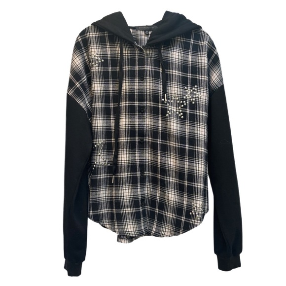 Dance & Marvel Plaid Hoodie Flannel Jacket with Stud Detail, Cotton, Medium ✨ - Picture 1 of 8